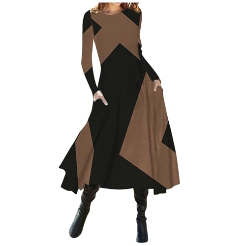 Kleid Winter Damen Lang A Linie Kleider Damen Elegant Schwingen Midikleid Damen Langarm Leicht Herbstkleid Midi mit Taschen Damenkleider Rundhals Farbblock Kleid Frauen Casual Winterkleid von Generisch