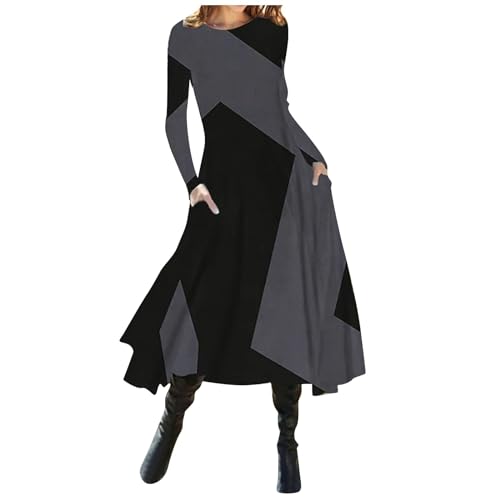 Kleid Winter Damen Lang A Linie Kleider Damen Elegant Schwingen Midikleid Damen Langarm Leicht Herbstkleid Midi mit Taschen Damenkleider Rundhals Farbblock Kleid Frauen Casual Winterkleid von Generisch
