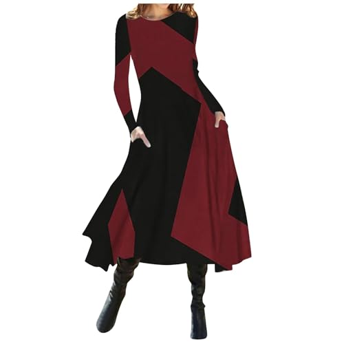 Kleid Winter Damen Lang A Linie Kleider Damen Elegant Schwingen Midikleid Damen Langarm Leicht Herbstkleid Midi mit Taschen Damenkleider Rundhals Farbblock Kleid Frauen Casual Winterkleid von Generisch