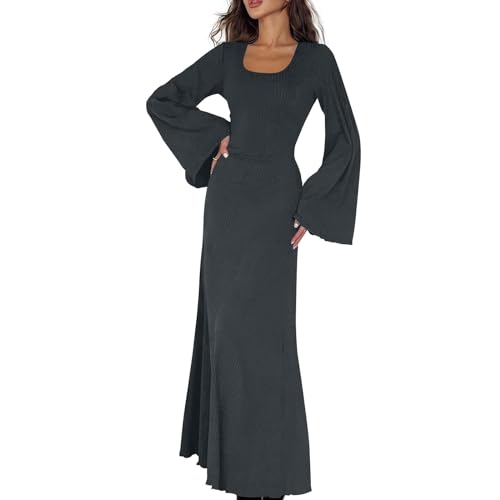Kleid Winter Damen Lang Geripptes Maxikleider Damen Langarm Elegant Slim Kleider Damen Trompetenärmel Herbstkleid U Ausschnitt Kleid Frauen Korsett Schnürung Damenkleider Figurumspielend von Generisch