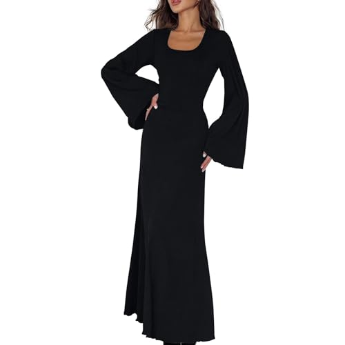 Kleid Winter Damen Lang Geripptes Maxikleider Damen Langarm Elegant Slim Kleider Damen Trompetenärmel Herbstkleid U Ausschnitt Kleid Frauen Korsett Schnürung Damenkleider Figurumspielend von Generisch