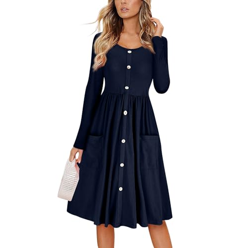 Kleid Winter Damen Lang Plissee Damen Kleider Elegant Langarm Midikleider Damen A Linie Herbstkleid mit Taschen Damenkleider mit Knopfleiste Kleid Frauen Rundhals Leicht Freizeitkleider von Generisch