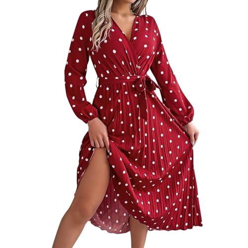 Kleid Winter Damen Lang Punkte Plisseekleid Damen V Ausschnitt Maxikleid Damen Elegant Langarm A Linie Kleider mit Gürtel Herbstkleid Gepunktet Wickelkleid Lässig Faltenkleid Frühlingskleid von Generisch