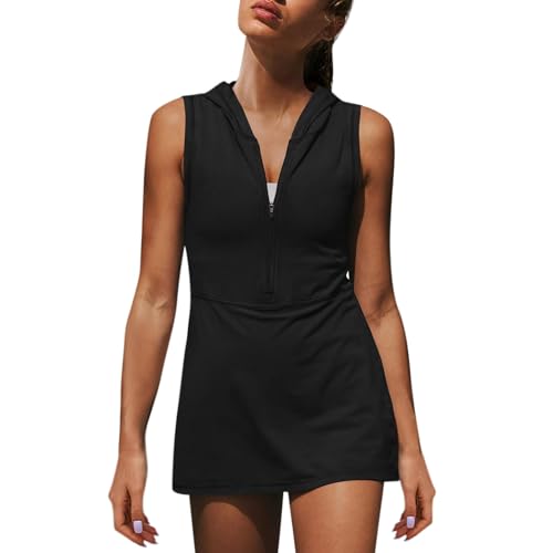 Kleid mit Kapuze Damen Kurz Sommerkleid Mini Ärmellos Elegant Jersey Kleid Casual Kleider Reißverschluss Vorne Sommerkleider Damen Leicht Und Luftig Minikleid A Linie Sportliches Strandkleid von Generisch
