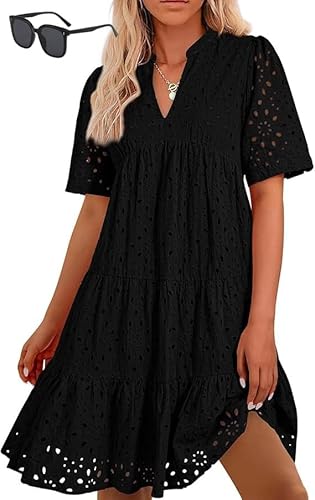 Kleid mit Ösen für Frauen 2025, elegantes Damen-Minikleid, Rüschensaum, Blumenspitzenkleider, Schwarz , XXL von Generisch