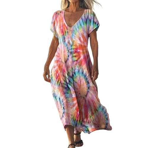 Kleider Damen, Strandkleid Damen Lang Vintage a Linie V Ausschnitt Tunikakleid Sommer Blümchenkleid Maxikleid Strandmode Sommerkleider Leicht und Luftig Vintage Shirtkleid, Rosa, L von Generisch