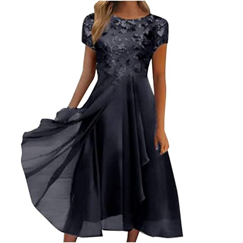 Kleider Damen Festlich Rundhals Festliche Lang A-Linie Abendkleid Cocktailkleid Schlank Sexy Elegant Sommer Hochzeitsgast Kleid Partykleid Swing Kurzarm Brautkleid Ballkleider von Generisch