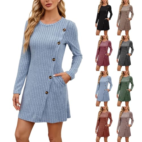 Kleider Damen Herbst Winterlässiges Tunikakleid Mit Taschen Elegant Winterkleid Einfarbige Herbstkleid Rundhals Longpullover A-Linie Freizeitkleid Strickkleidermoderne Strickkleiderkleid Blau von Generisch