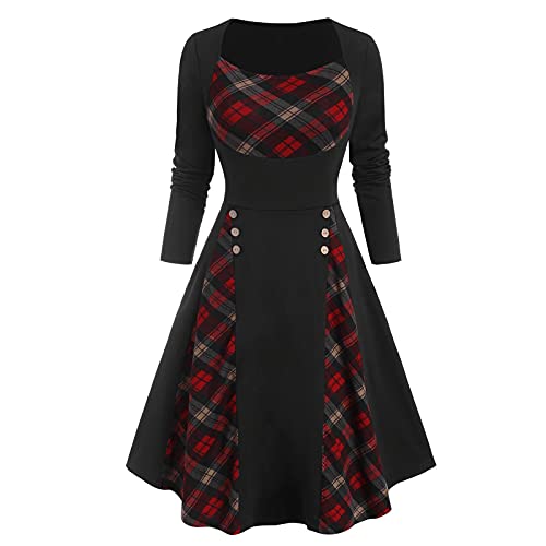 Kleider Damen Lang Frühling Winter Damenkleider Langarm Kleid Damen Elegant Kariert Rockabilly Kleid Tailliert A Linie Schwingen Kleider Frauen Quadratischer Kragen Herbstkleid Winterkleid von Generisch