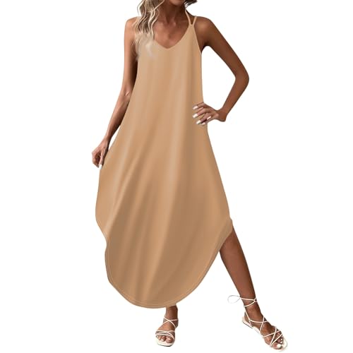 Kleider Damen Lang Sommer Elegant Strandkleid Luftig Träger Sommerkleid Damen Leicht Ärmellos Maxikleider Rückenfrei Kleid V Ausschnitt Boho Sommerkleider A Linie Damenkleider Locker Casual von Generisch