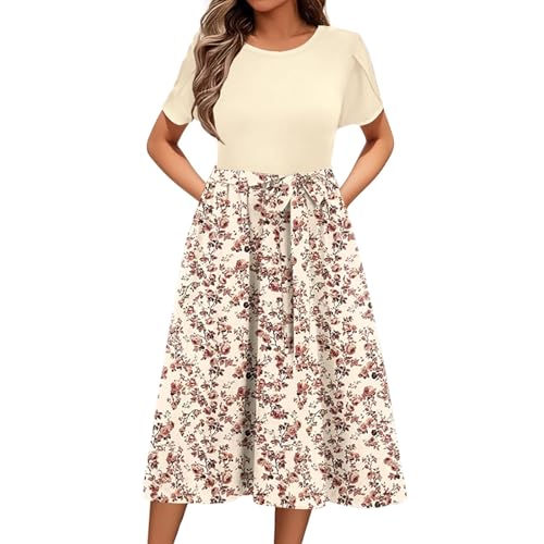 Kleider Damen Sommer, Sommerkleider Damen Knielang Elegant Freizeitkleid Kurzarm Rundhals Midi Tunikakleid Blumen Leicht Blusenkleid A Linie Strandkleid Mit Taschen S XXL von Generisch