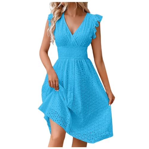 Kleider Damen Sommer, Strandkleid Damen Elegant Einfarbig Spitze Hohl V-Ausschnitt Rüschen Kurze Ärmel Mini Kleid Tunika Kleid Blusekleid Bohemien Kleid Freizeit Kleid Sommer Kleid Minikleid von Generisch