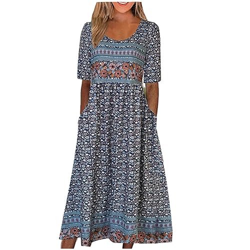 Kleider Damen Sommer Elegant Boho-Kleid Damen Lang Strandkleid Luftig Midi Damenkleider Boho Sommerkleider Leicht A Linie Midikleid Halbarm Blumen Sommerkleid mit Taschen Kleid U Ausschnitt von Generisch
