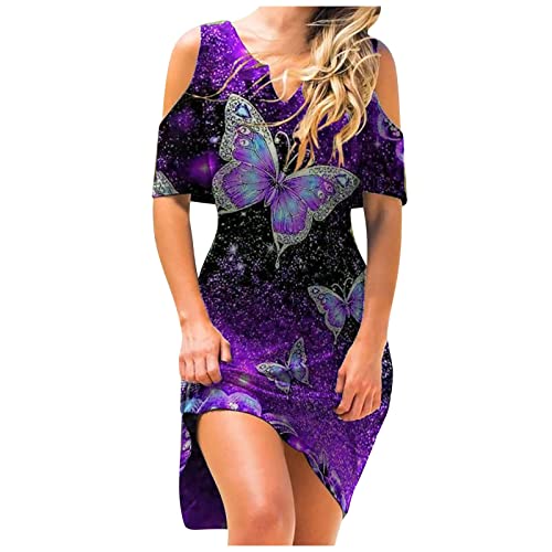 Kleider Damen Sommer Knielang A Linie Kleid Schmetterling Muster Sommerkleid Damen Elegant V Ausschnitt Sommerkleider Leicht Und Luftig Blusenkleid mit Ärmeln Kleid Frauen Cold Shoulder von Generisch