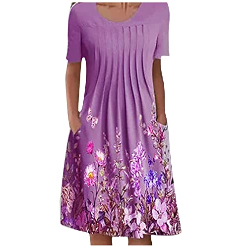 Kleider Damen Sommer Knielang Blumenmuster Sommerkleid Damen Elegant A Linie Plissee Blusenkleid Kurzarm Sommerkleider Damen Leicht Und Luftig Kleid mit Taschen Damenkleider Blumen Rundhals von Generisch