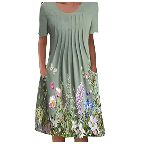 Kleider Damen Sommer Knielang Blumenmuster Sommerkleid Damen Elegant A Linie Plissee Blusenkleid Kurzarm Sommerkleider Damen Leicht Und Luftig Kleid mit Taschen Damenkleider Blumen Rundhals von Generisch