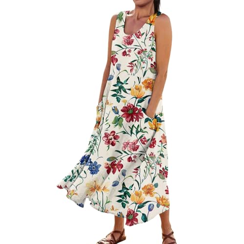 Kleider Damen Sommer Lang Blumen Kleid Ärmellos Elegant Sommerkleid Damen Leicht mit Taschen Strandkleid Luftig A Linie Maxi Sommerkleider Frauen U Ausschnitt Blumenkleid Locker Maxikleider von Generisch