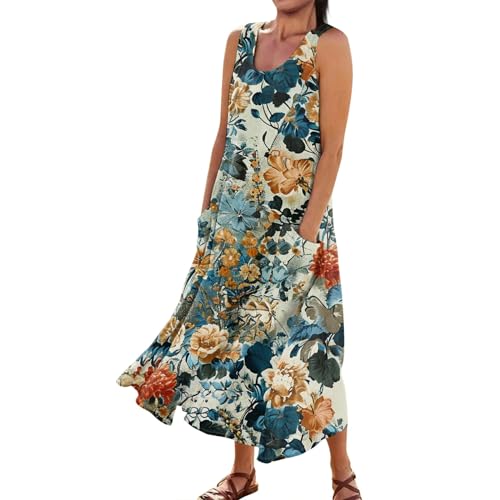 Kleider Damen Sommer Lang Blumen Kleid Ärmellos Elegant Sommerkleid Damen Leicht mit Taschen Strandkleid Luftig A Linie Maxi Sommerkleider Frauen U Ausschnitt Blumenkleid Locker Maxikleider von Generisch