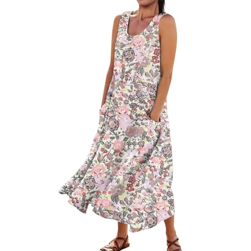 Kleider Damen Sommer Lang Blumen Kleid Ärmellos Elegant Sommerkleid Damen Leicht mit Taschen Strandkleid Luftig A Linie Maxi Sommerkleider Frauen U Ausschnitt Blumenkleid Locker Maxikleider von Generisch