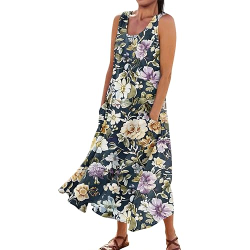 Kleider Damen Sommer Lang Blumen Kleid Ärmellos Elegant Sommerkleid Damen Leicht mit Taschen Strandkleid Luftig A Linie Maxi Sommerkleider Frauen U Ausschnitt Blumenkleid Locker Maxikleider von Generisch