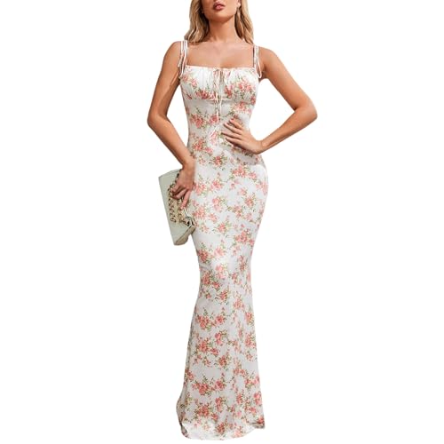 Kleider Damen Sommer Lang Blumen Spaghettiträger-Kleid Eng Maxikleid Ärmellos Partykleid Elegant Sommerkleid Rückenfrei Maxi Sommerkleider Gerade Geschnitten Bleistiftkleid Kordelausschnitt von Generisch