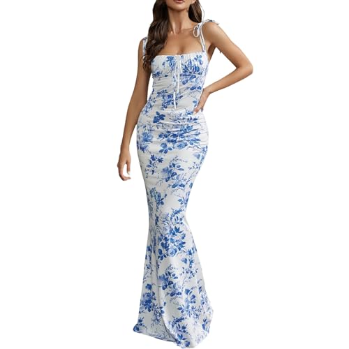Kleider Damen Sommer Lang Blumen Spaghettiträger-Kleid Eng Maxikleid Ärmellos Partykleid Elegant Sommerkleid Rückenfrei Maxi Sommerkleider Gerade Geschnitten Bleistiftkleid Kordelausschnitt von Generisch