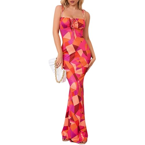 Kleider Damen Sommer Lang Blumen Spaghettiträger-Kleid Eng Maxikleid Ärmellos Partykleid Elegant Sommerkleid Rückenfrei Maxi Sommerkleider Gerade Geschnitten Bleistiftkleid Kordelausschnitt von Generisch