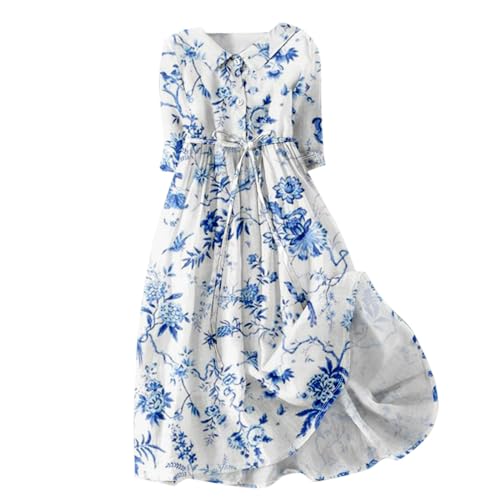 Kleider Damen Sommer Lang Damenkleider Elegant A Linie Leinenkleider Midi Sommerkleid Luftig Blumen Midikleid Halbarm mit Kragen Sommerkleider mit Knopfleiste Kleid mit Gürtel Schnürung von Generisch