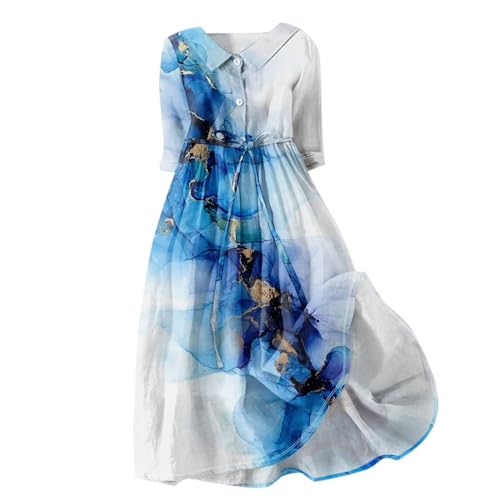 Kleider Damen Sommer Lang Damenkleider Elegant A Linie Leinenkleider Midi Sommerkleid Luftig Blumen Midikleid Halbarm mit Kragen Sommerkleider mit Knopfleiste Kleid mit Gürtel Schnürung von Generisch