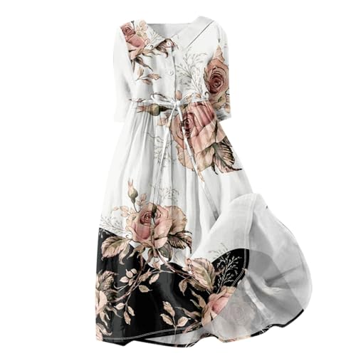 Kleider Damen Sommer Lang Damenkleider Elegant A Linie Leinenkleider Midi Sommerkleid Luftig Blumen Midikleid Halbarm mit Kragen Sommerkleider mit Knopfleiste Kleid mit Gürtel Schnürung von Generisch