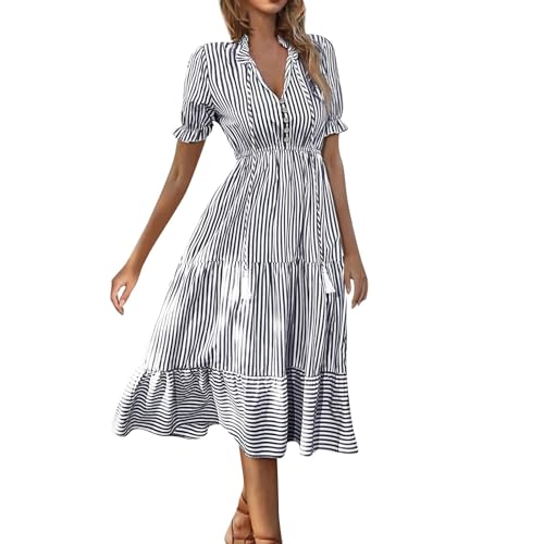Kleider Damen Sommer Lang Midikleid Damen Elegant Volantkleider Rüschen Kleider A Linie Midi Sommerkleid Kurzarm Gestreift Kleid V Ausschnitt Kordelausschnitt Damenkleider mit Knopfleiste von Generisch