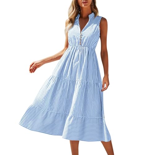 Kleider Damen Sommer Lang Midikleid Damen Elegant Volantkleider Rüschen Kleider A Linie Midi Sommerkleid Kurzarm Gestreift Kleid V Ausschnitt Kordelausschnitt Damenkleider mit Knopfleiste von Generisch