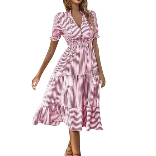 Kleider Damen Sommer Lang Midikleid Damen Elegant Volantkleider Rüschen Kleider A Linie Midi Sommerkleid Kurzarm Gestreift Kleid V Ausschnitt Kordelausschnitt Damenkleider mit Knopfleiste von Generisch
