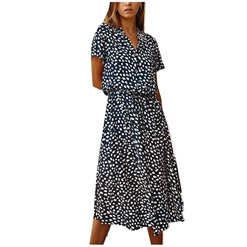Kleider Damen Sommer Lang mit Arm Kleid Punkte A Linie Damen Sommerkleid Kurzarm Elegant Sommerkleider mit Knopfleiste Stehkragen Strandkleid Luftig Midi Gepunktetes Kleid mit Gürtel von Generisch