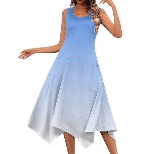 Kleider Damen Sommer Midi Sommerkleid Damen Lang Elegant Sommerkleider Ärmellos Leicht Midikleid A Linie Damenkleider U Ausschnitt Kleid Frauen Farbverlauf Strandkleid Luftig Casual von Generisch