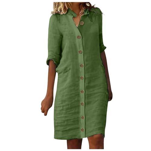 Kleider Für Mollige Hemdkleid 1/2 Ärmel Lässiges Baumwollkleid Frottee Kleid Damen (Green, XL) von Generisch