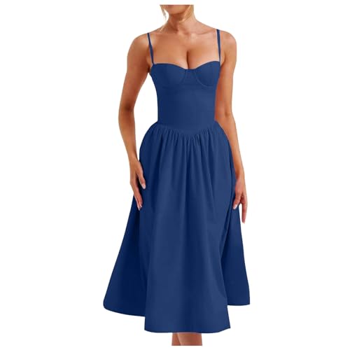 Kleider Große Größen Damen Korsettkleid für Damen, Träger-Bustier, Midi-Kleid, fließendes Korsett mit plissiertem Saum Tunika Kleid Langarm Schwarz (Blue, S) von Generisch
