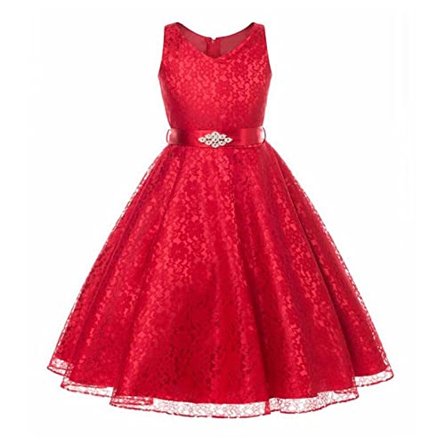 Kleider Mädchen Kleid Prinzessin Festliches Kinderkleid Große Kinder Ärmellose Spitze Prinzessin Flauschiges Kleid Mädchen Hochzeitskleid Blumenmädchenkleid Dresses Tüllkleid (Red 7-8 Years) von Generisch