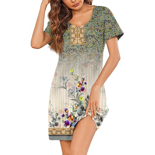 Kleider Sommer Damen Boho Knielang Blusenkleid Damen Bohemian Blumen Kurzarm Kleid Sommer Elegant A Linie Sommerkleider Frauen Leicht Und Luftig Sommerkleid Leicht Boho-Kleid Strand Blumenkleid von Generisch