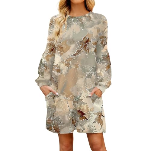 Kleider Winter Damen Elegant A-Linien Tunika Kleid Damen Langarm mit Taschen Damenkleider Kurz mit Muster Freizeitkleider Rundhalsausschnitt Lose Blusenkleid Frauen Leicht Herbstkleid von Generisch