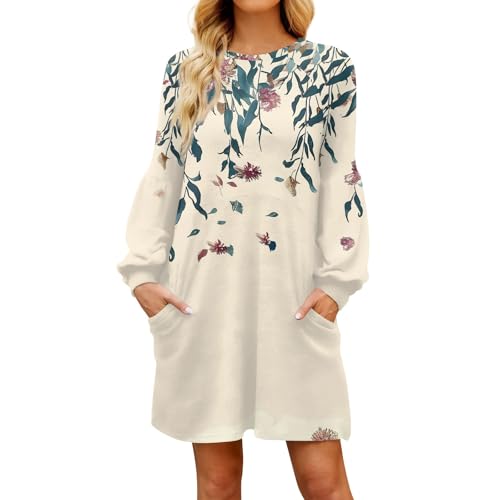 Kleider Winter Damen Elegant A-Linien Tunika Kleid Damen Langarm mit Taschen Damenkleider Kurz mit Muster Freizeitkleider Rundhalsausschnitt Lose Blusenkleid Frauen Leicht Herbstkleid von Generisch