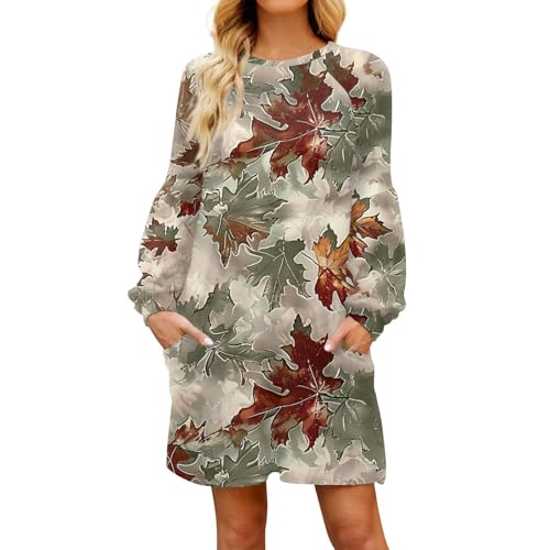 Kleider Winter Damen Elegant A-Linien Tunika Kleid Damen Langarm mit Taschen Damenkleider Kurz mit Muster Freizeitkleider Rundhalsausschnitt Lose Blusenkleid Frauen Leicht Herbstkleid von Generisch