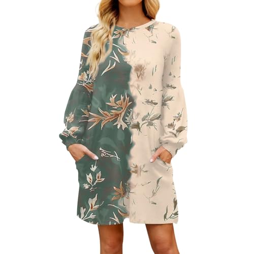 Kleider Winter Damen Elegant A-Linien Tunika Kleid Damen Langarm mit Taschen Damenkleider Kurz mit Muster Freizeitkleider Rundhalsausschnitt Lose Blusenkleid Frauen Leicht Herbstkleid von Generisch