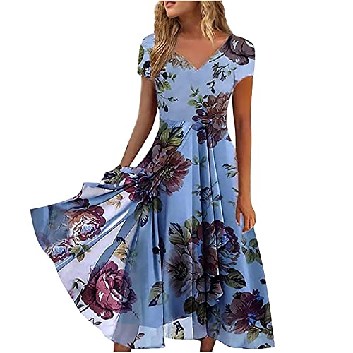 Kleider für Damen, Sommer, Strand, ärmellos, Tankkleid, elegant, fließend, A-Linie, Maxi-Sommerkleid, hohe Taille, Blumendruck, Boho, fließendes Sommerkleid, V-Ausschnitt, Kleider für Urlaub, Party, von Generisch