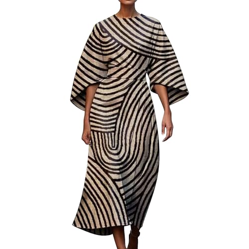 Kleider für Damen, abstrakter Kunstdruck, Midi-Kleid, 3/4-Ärmel, Baumwollkleider für Damen, 2025, coffee, M von Generisch