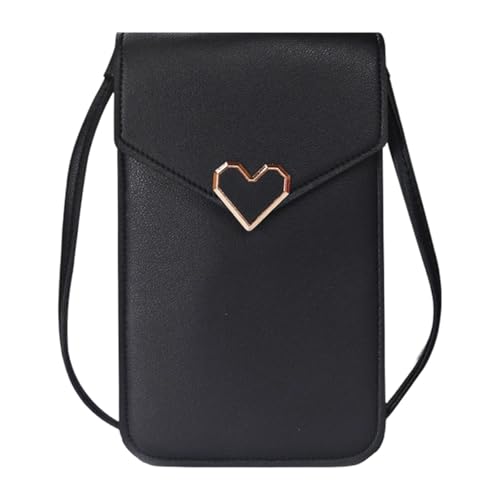 Klein Umhängetaschen Damen Blau Umhängetasche für Damen aus Leder, Umhängetasche für Handy, stilvolle, minimalistische Clutch mit Herzknopfverschluss, perfekt für den Damen (Black, One Size) von Generisch