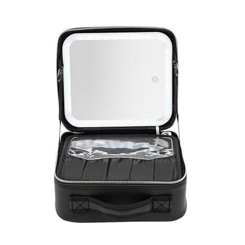 Kleine LED Makeup Box Mit Spiegel, Schwarz Kosmetik Organizer Reisebox, 3 Farblicht Einstellungen & Verstellbare Fächer, Tragbare Beauty Aufbewahrung Für Damen von Generisch