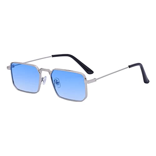 Kleine rechteckige Sonnenbrille für Herren, Punk-Sonnenbrille für Damen, mit Steampunk-Sonnenbrillen, silber, blau, With a box von Generisch