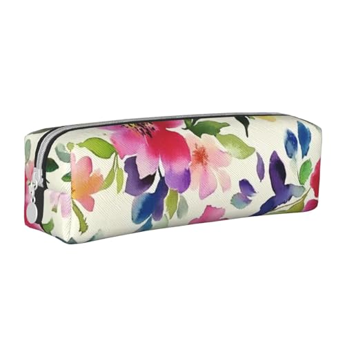 Kleines Federmäppchen mit Blumenmuster, tragbar, zylindrisch, mit Reißverschluss, Kosmetiktasche aus Leder, weiß, Einheitsgröße, Schulrucksack von Generisch