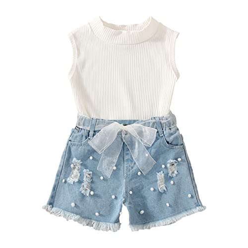 Kleinkind Kinder Baby Mädchen ärmellose Weste T-Shirt Tops Denim zerrissene Jeans Shorts 2er Set Sommer Outfits Kleid Baby Mädchen (White, 18-24 Months) von Generisch